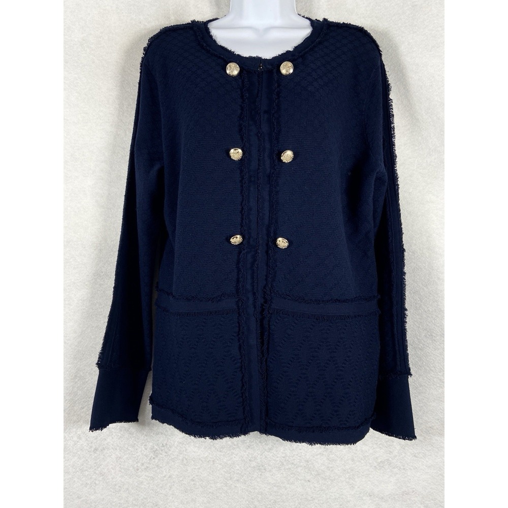 Carlisle Cardigan Sweater Women's XL Blue Knit Gold Crest Buttons Luxe Knitwear
